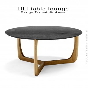 Table basse design LILI, piétement hauteur 38 cm. finition huilé et plateau Ø75 cm., chêne massif teinté noir.