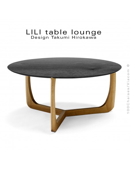 Table basse design LILI, piétement hauteur 38 cm. finition huilé et plateau Ø75 cm., chêne massif teinté noir.