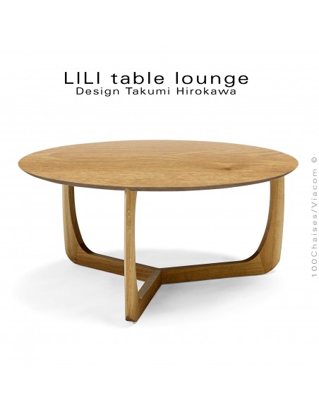 Table basse design LILI, piétement hauteur 38 cm., finition huilé et plateau Ø75 cm., chêne massif huilé.