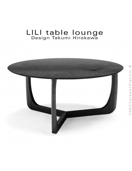 Table basse design LILI, piétement hauteur 38 cm. finition teinté noir et plateau Ø75 cm., chêne massif teinté noir.