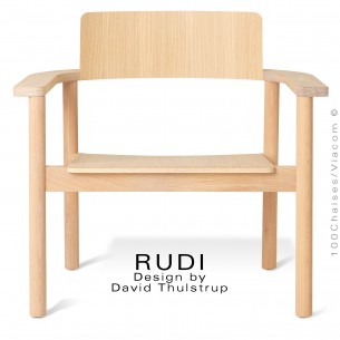 Fauteuil lounge en bois massif de Chêne RUDI, finition huilé blanc.