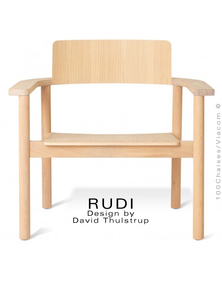 Fauteuil lounge en bois massif de Chêne RUDI, finition huilé blanc.