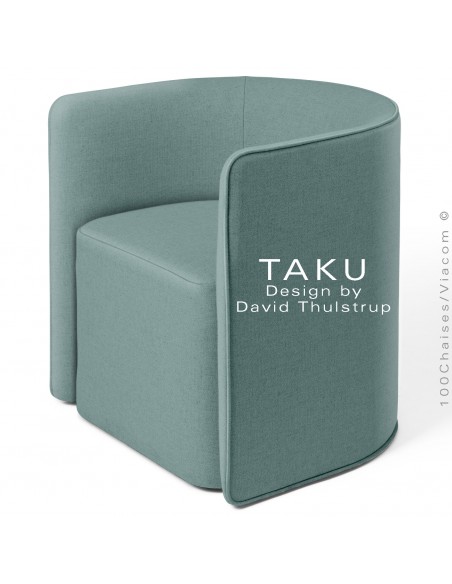 Fauteuil design TAKU, pour CHR, structure hêtre, assise et dossier garnis de mousse, habillage tissu couleur vert d'Eau.