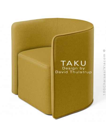 Fauteuil design TAKU, pour CHR, structure hêtre, assise et dossier garnis de mousse, habillage tissu couleur moutarde.