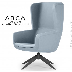 Fauteuil lounge confort ARCA, pour salon d'attente standing, habillage tissu couleur bleu clair, piétement peint noir.