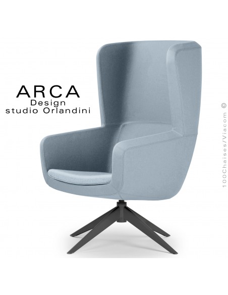 Fauteuil lounge confort ARCA, pour salon d'attente standing, habillage tissu couleur bleu clair, piétement peint noir.