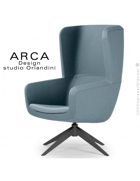 Fauteuil lounge confort ARCA, pour salon d'attente standing, habillage tissu couleur bleu d'eau, piétement peint noir.
