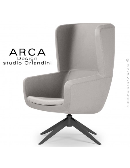 Fauteuil lounge confort ARCA, pour salon d'attente standing, habillage tissu couleur gris Tourterelle, piétement peint noir.