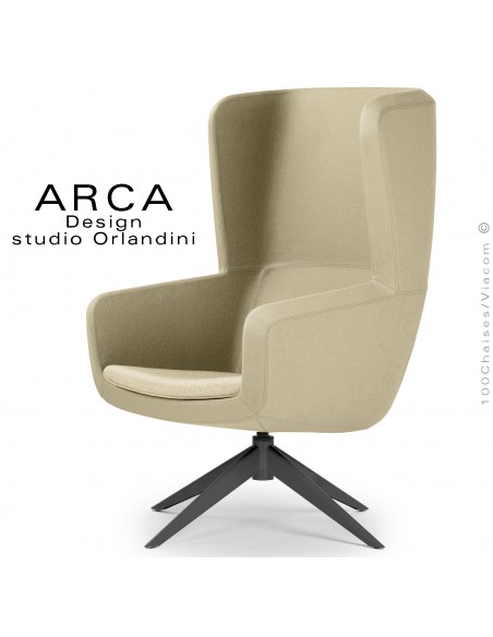 Fauteuil lounge confort ARCA, pour salon d'attente standing, habillage tissu couleur jaune paille, piétement peint noir.