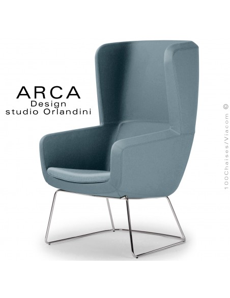 Fauteuil lounge confort ARCA, pour salon d'attente standing, habillage tissu bleu d'eau piétement luge chromé brillant.