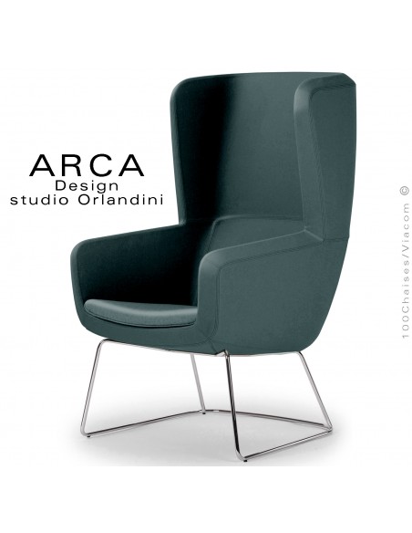 Fauteuil lounge confort ARCA, pour salon d'attente standing, habillage tissu vert sapin, piétement luge chromé brillant.