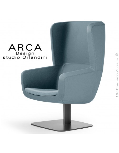 Fauteuil lounge ARCA, pour salon d'attente, habillage tissu couleur bleu d'eau, piétement colonne centrale acier peint noir.