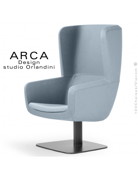 Fauteuil lounge ARCA, pour salon d'attente, habillage tissu couleur bleu clair, piétement colonne centrale acier peint noir.