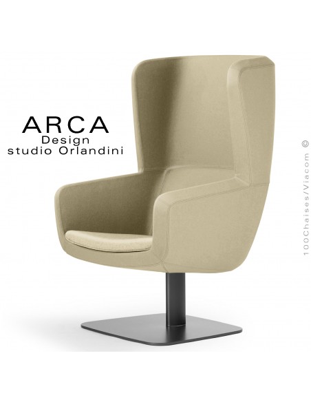 Fauteuil lounge ARCA, pour salon d'attente, habillage tissu jaune paille, piétement colonne centrale acier peint noir.