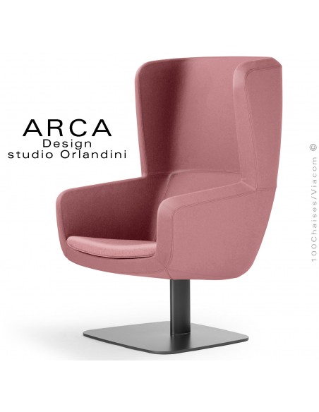 Fauteuil lounge ARCA, pour salon d'attente, habillage tissu couleur rose, piétement colonne centrale acier peint noir.