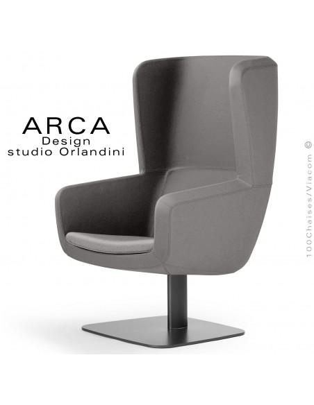 Fauteuil lounge ARCA, pour salon d'attente, habillage tissu couleur tabac, piétement colonne centrale acier peint noir.