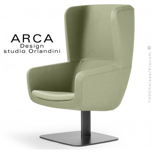 Fauteuil lounge ARCA, pour salon d'attente, habillage tissu couleur vert clair, piétement colonne centrale acier peint noir.