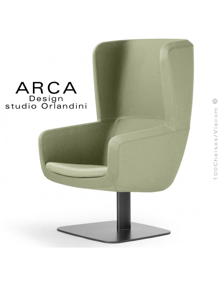 Fauteuil lounge ARCA, pour salon d'attente, habillage tissu couleur vert clair, piétement colonne centrale acier peint noir.