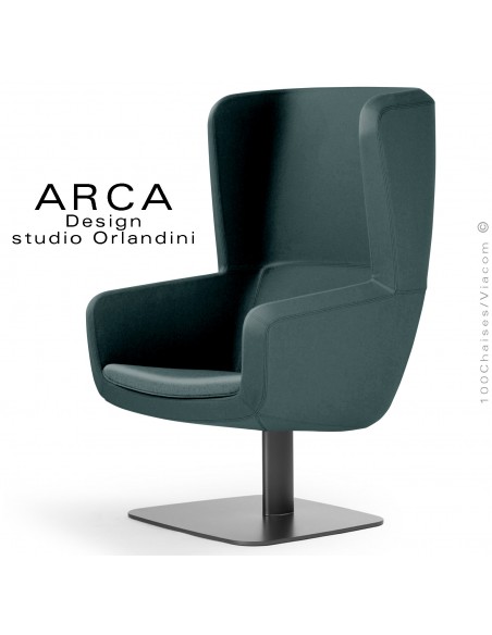 Fauteuil lounge ARCA, pour salon d'attente, habillage tissu couleur vert sapin, piétement colonne centrale acier peint noir.