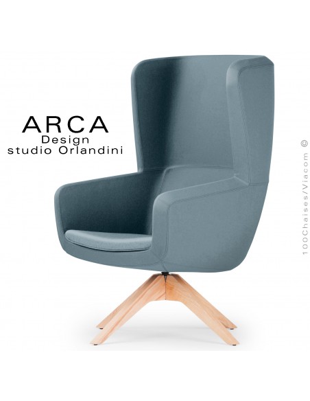 Fauteuil lounge ARCA, pour salon standing, tissu 100% polyester couleur vert d'eau, piétement bois massif vernis naturel.