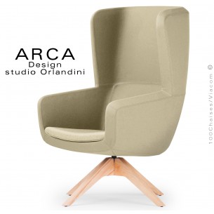 Fauteuil lounge ARCA, pour salon standing, tissu 100% polyester couleur jaune paille, piétement bois massif vernis naturel.