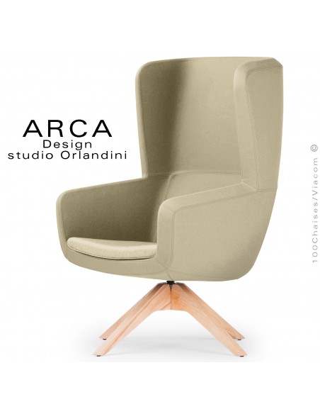 Fauteuil lounge ARCA, pour salon standing, tissu 100% polyester couleur jaune paille, piétement bois massif vernis naturel.