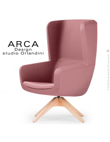 Fauteuil lounge ARCA, pour salon standing, tissu 100% polyester couleur rose, piétement bois massif vernis naturel.