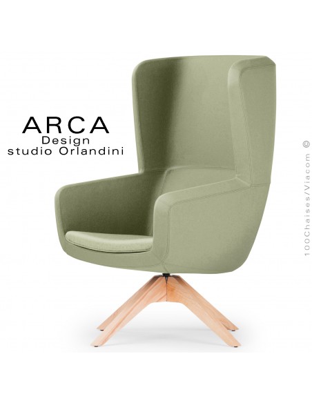 Fauteuil lounge ARCA, pour salon standing, tissu 100% polyester couleur vert clair, piétement bois massif vernis naturel.