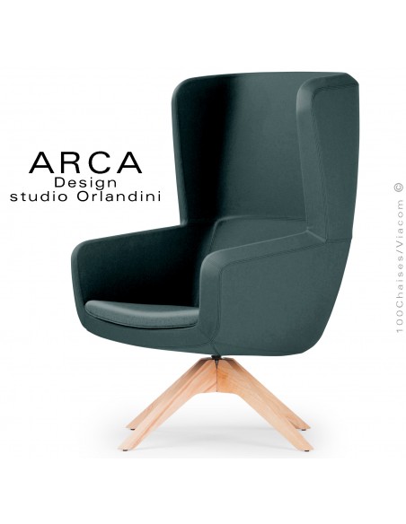 Fauteuil lounge ARCA, pour salon standing, tissu 100% polyester couleur vert sapin, piétement bois massif vernis naturel.