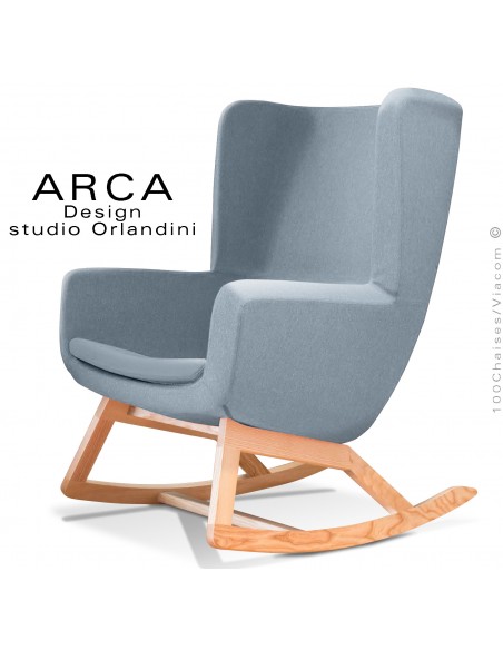 Fauteuil à bascule rocking chair ARCA, le confort pour la maison et salon, habillage tissu bleu clair, piétement bois massif.
