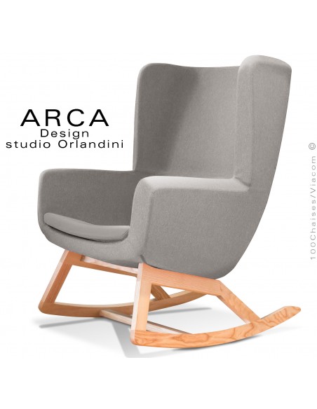 Fauteuil à bascule rocking chair ARCA, le confort pour la maison et salon, habillage tissu gris Tourterelle, piétement bois.