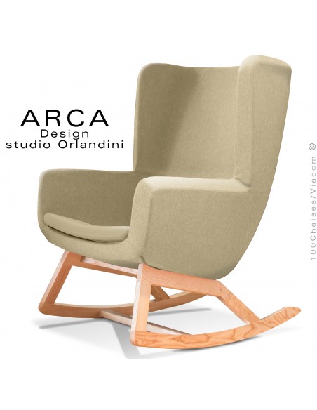Fauteuil à bascule rocking chair ARCA, le confort pour la maison et salon, habillage tissu jaune paille, piétement bois massif.