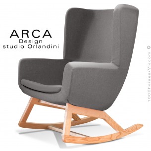 Fauteuil à bascule rocking chair ARCA, le confort pour la maison et salon, habillage tissu tabac, piétement bois massif.
