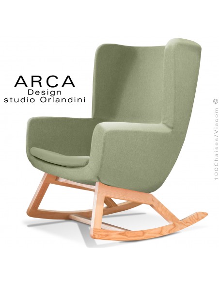 Fauteuil à bascule rocking chair ARCA, le confort pour la maison et salon, habillage tissu vert clair, piétement bois massif.