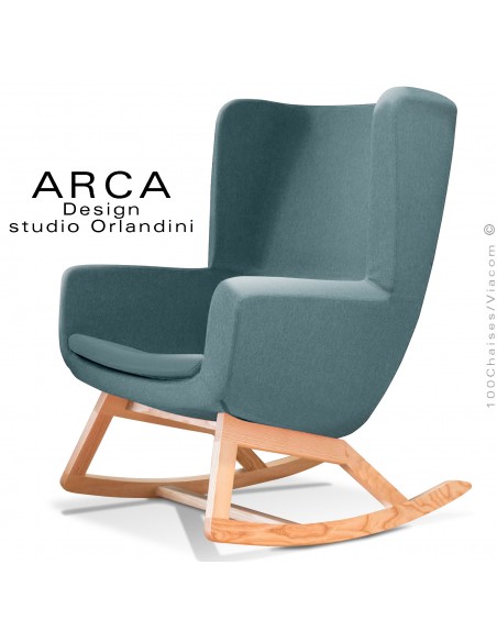 Fauteuil à bascule rocking chair ARCA, le confort pour la maison et salon, habillage tissu vert d'eau, piétement bois massif.