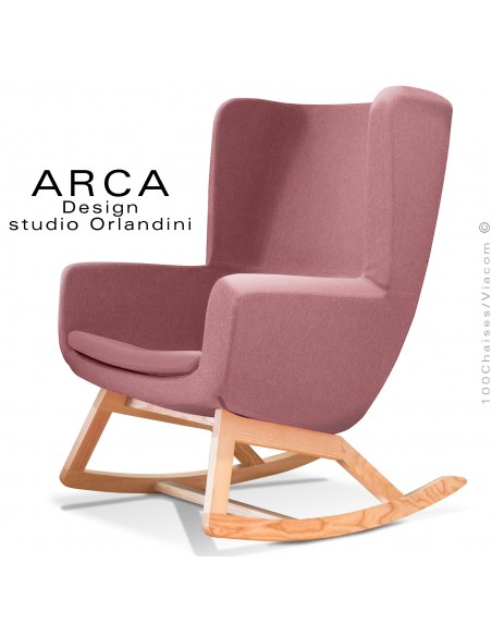 Fauteuil à bascule rocking chair ARCA, le confort pour la maison et salon, habillage tissu rose, piétement bois massif.
