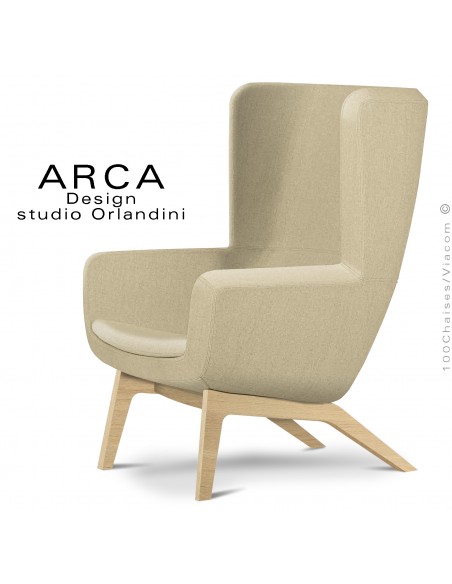Fauteuil lounge confort ARCA, pour salon d'attente standing, habillage tissu couleur jaune paille, piétement bois naturel.