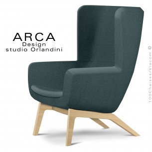 Fauteuil lounge confort ARCA, pour salon d'attente standing, habillage tissu couleur vert bouteille, piétement bois naturel.