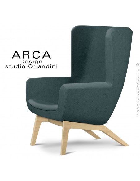 Fauteuil lounge confort ARCA, pour salon d'attente standing, habillage tissu couleur vert bouteille, piétement bois naturel.