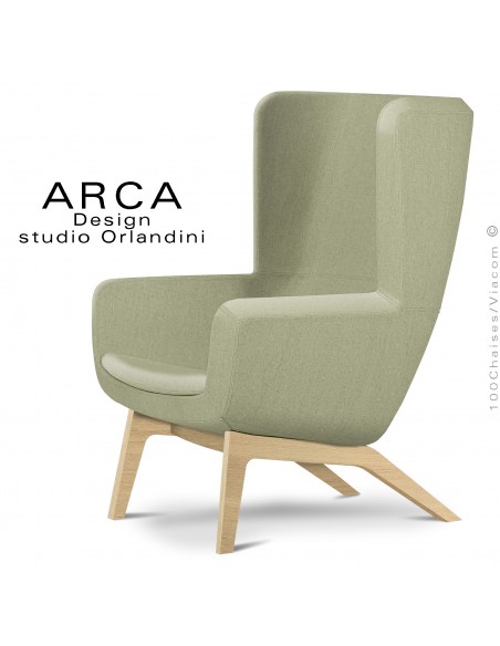 Fauteuil lounge confort ARCA, pour salon d'attente standing, habillage tissu couleur vert clair, piétement bois naturel.