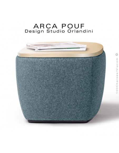 Pouf, repose-pieds ARCA, ou petite table d'appoint, bout de canapé, couleur bleu d'eau, plateau bois vernis.