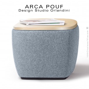 Pouf, repose-pieds ARCA, ou petite table d'appoint, bout de canapé, couleur bleu clair, plateau bois vernis.