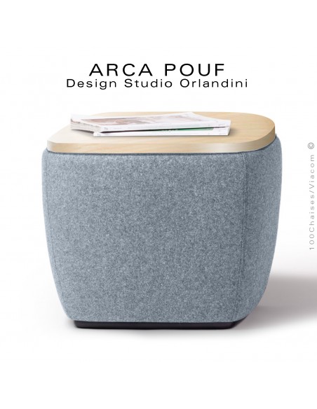 Pouf, repose-pieds ARCA, ou petite table d'appoint, bout de canapé, couleur bleu clair, plateau bois vernis.