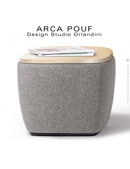 Pouf, repose-pieds ARCA, ou petite table d'appoint, bout de canapé, couleur gris Tourterelle, plateau bois vernis.