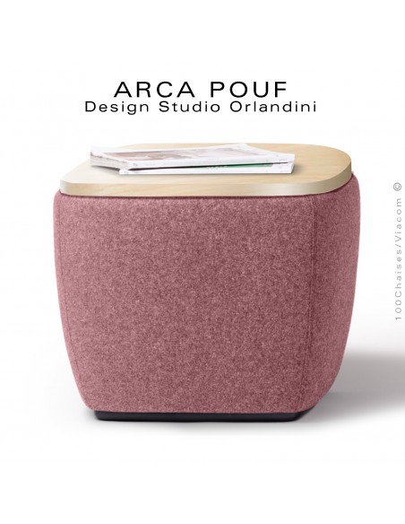 Pouf, repose-pieds ARCA, ou petite table d'appoint, bout de canapé, couleur rose, plateau bois vernis.