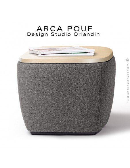 Pouf, repose-pieds ARCA, ou petite table d'appoint, bout de canapé, couleur tissu tabac, plateau bois vernis.