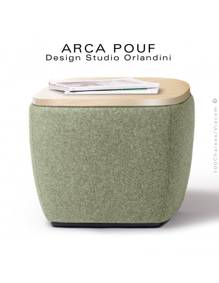 Pouf, repose-pieds ARCA, ou petite table d'appoint, bout de canapé, couleur tissu vert clair, plateau bois vernis.