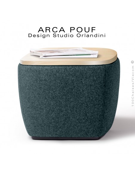 Pouf, repose-pieds ARCA, ou petite table d'appoint, bout de canapé, couleur tissu vert d'eau, plateau bois vernis.