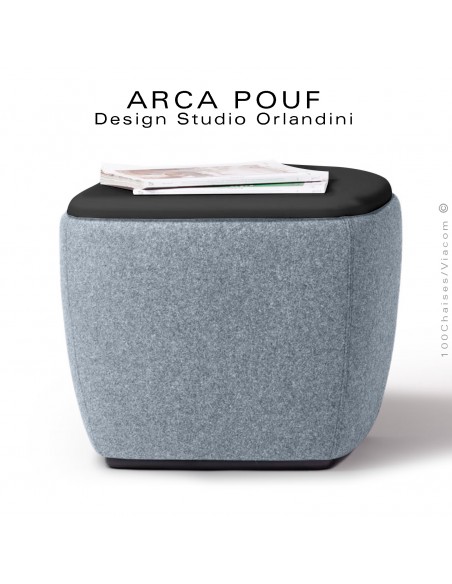 Pouf, repose-pieds, tabouret ARCA, bout de canapé, assise mousse, habillage tissu bleu clair, assise cuir noir.