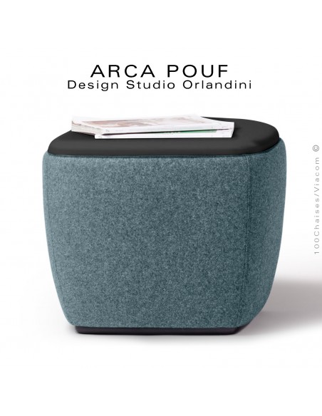 Pouf, repose-pieds, tabouret ARCA, bout de canapé, assise mousse, habillage tissu vert d'eau, assise cuir noir.